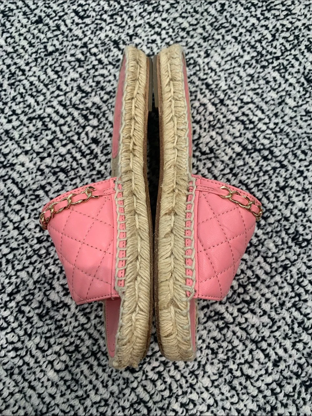 CHANEL Pink Quilted Espadrille Slide with Gold Chain. Size 36